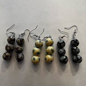 Triple-Bead Dangle Earrings in Brown, Yellow, and Black - Handmade